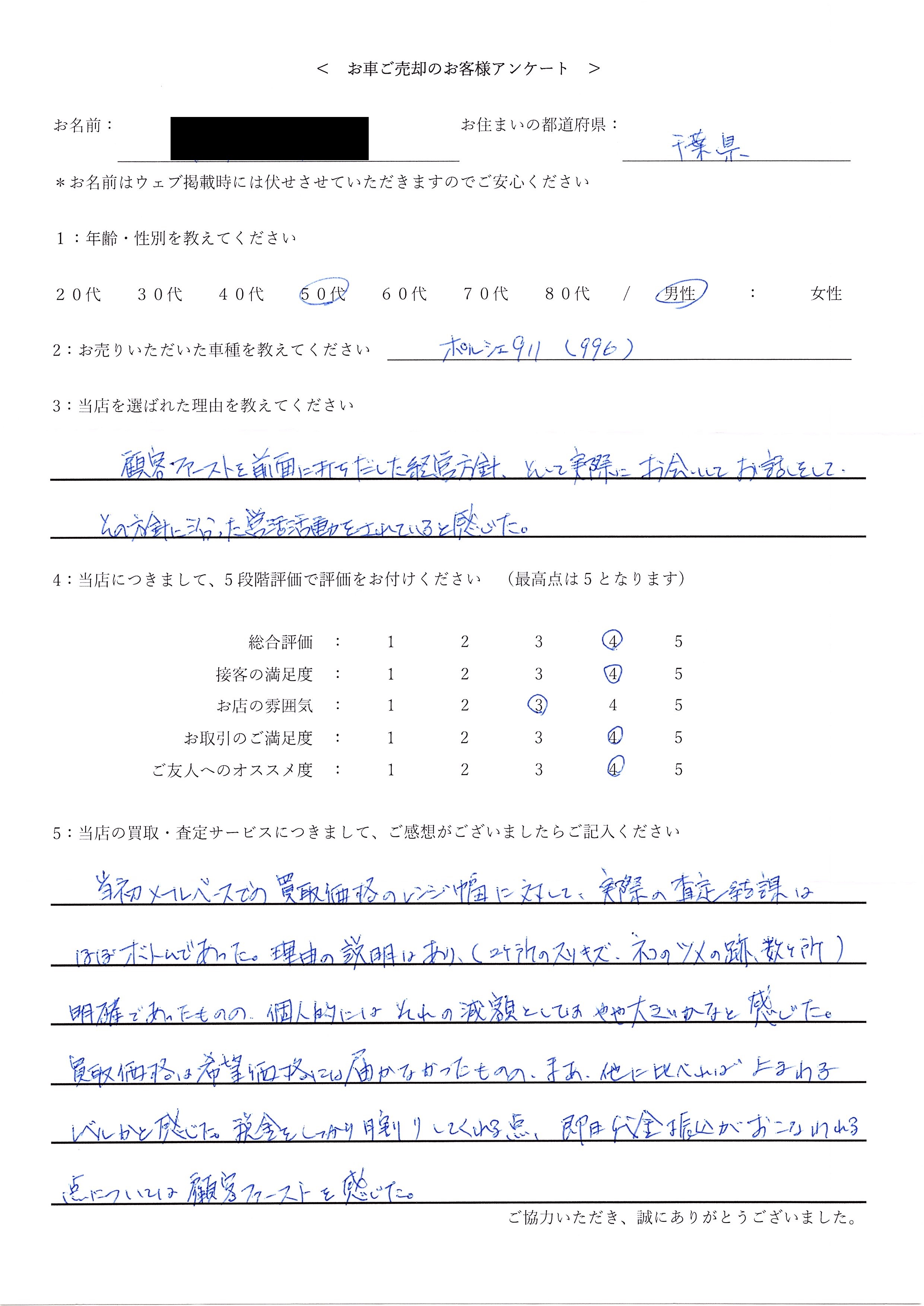 千葉県・50代のお客様からのクチコミ・評判 ＜ 2000年式 ポルシェ 911 カレラ お買取 ＞