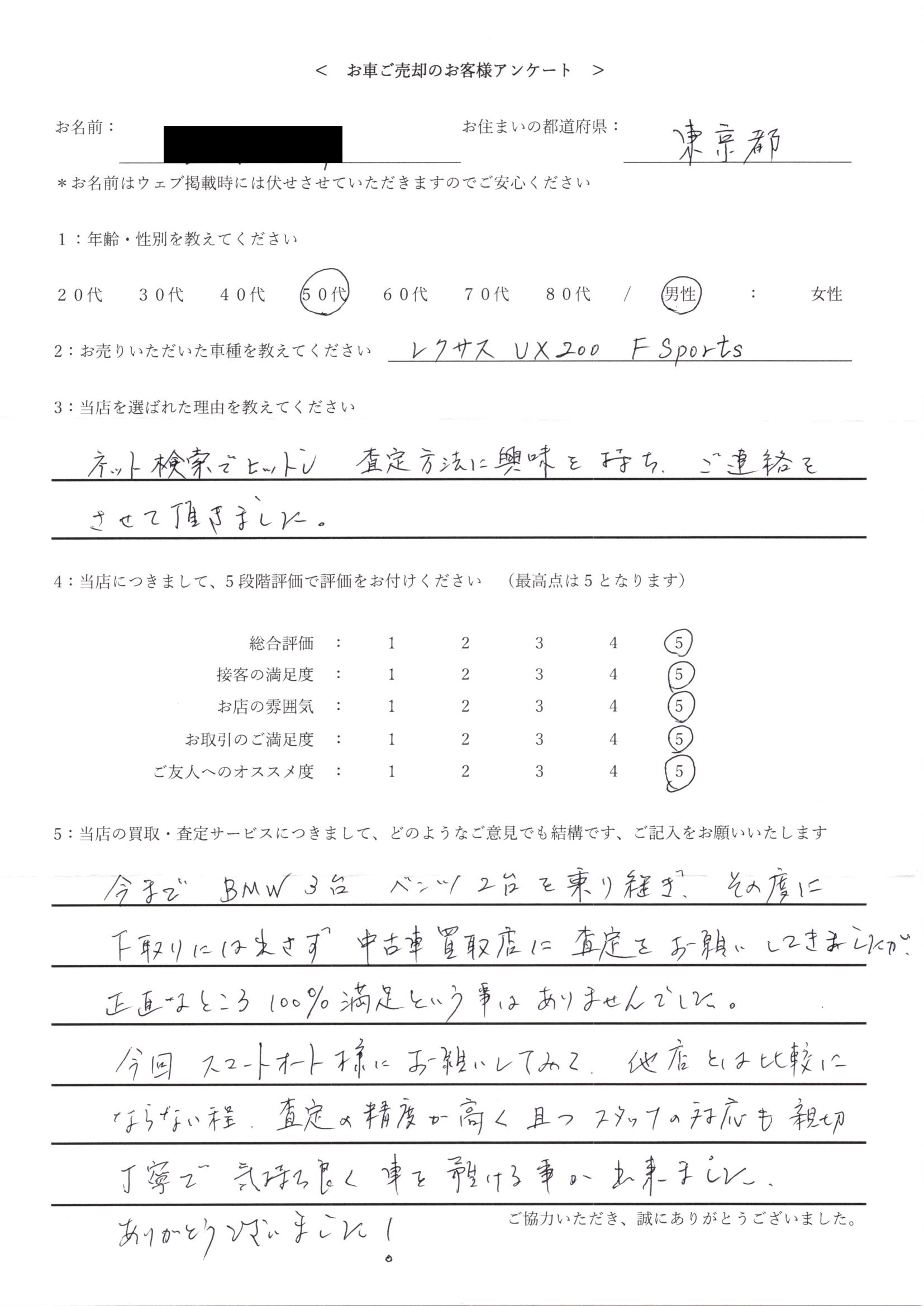 東京都・50代のお客様からのクチコミ・評判 ＜ 2018年式 レクサス UX200 F Sports お買取 ＞