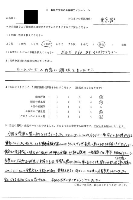 東京都渋谷区・50代のお客様からのクチコミ・評判 ＜ 2021年式 ボルボ V60 ＞ 2024/7/8 お買取