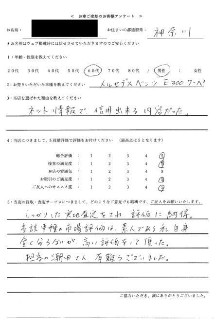 ＜ 2021年式 メルセデス・ベンツ E300 クーペ ＞ 2024/10/1 お買取・神奈川県・60代のお客様からのクチコミ・評判