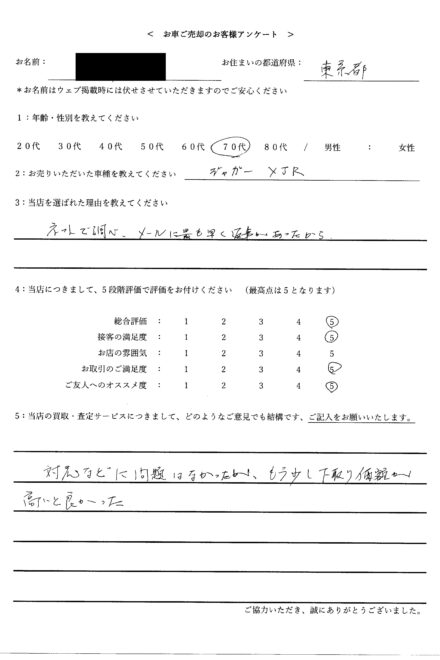 2024/10/31 お買取＜ 2004年式 ジャガー XJR ＞ 東京都・70代のお客様からのクチコミ・ご感想