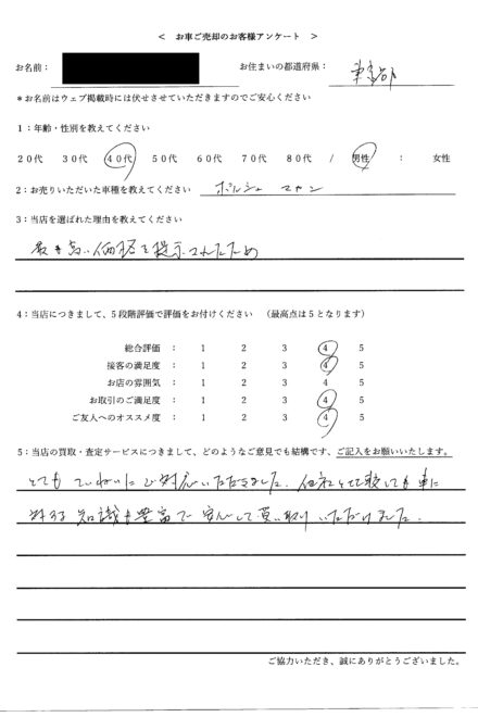 東京都中野区・40代のお客様からのクチコミ・評判 ＜ 2019年式 ポルシェ マカン ＞ 2024/11/24 お買取