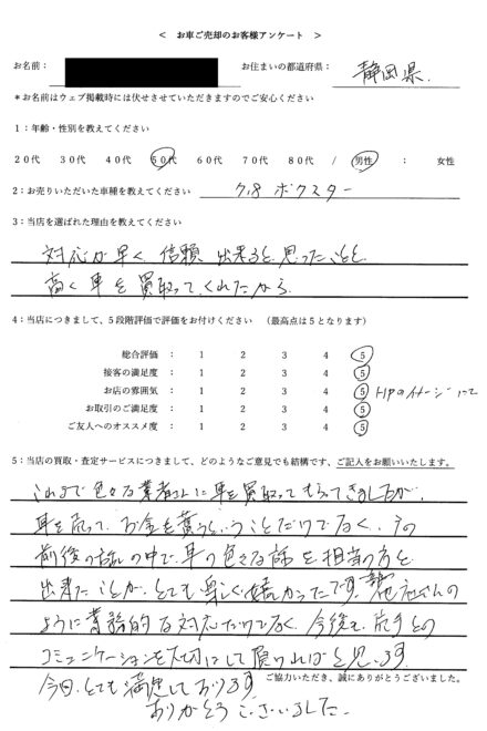 静岡県・50代のお客様からのクチコミ・評判 ＜ 2020年式 ポルシェ 718ボクスター ＞ 2025/5/18 お買取