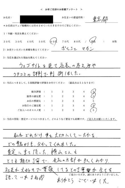 < 2016年式 ポルシェ マカン > 2025/10/24 お買取・東京都・60代のお客様からのクチコミ・評判