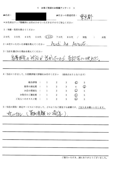 2025/7/31 お買取＜ 2016年式 アウディ A4 Avant ＞ 東京都・60代のお客様からのクチコミ・ご感想