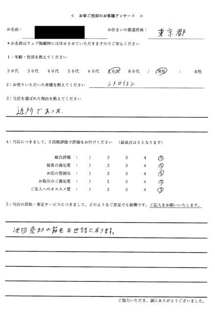 < 2017年式 シトロエン C4 > 2026/1/19 お買取・東京都・70代のお客様からのクチコミ・評判