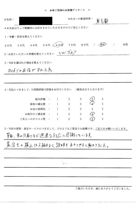 < 2013年式 VW ゴルフ > 2026/2/5 お買取・東京都・60代のお客様からのクチコミ・評判