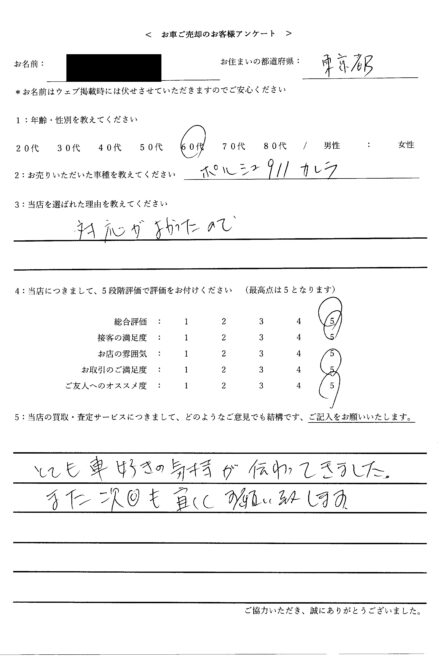＜ 2024年式 ポルシェ 911 カレラ ＞ 2026/2/27 お買取・東京都・60代のお客様からのクチコミ・評判