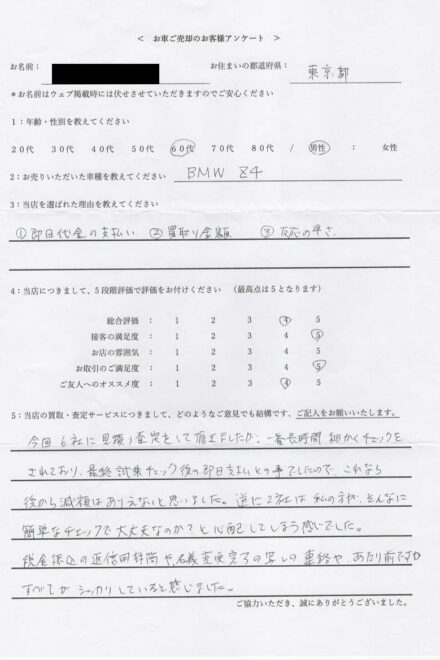 東京都 ・60代のお客様からのクチコミ・評判 ＜ 2020年式 BMW Z4 ＞ 2026/4/14 お買取