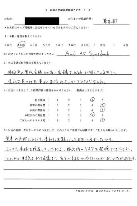 ＜ 2021年式 アウディ A5 ＞ 2026/5/12 お買取・東京都・30代のお客様からのクチコミ・評判