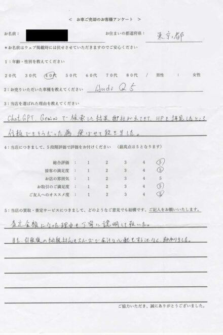 ＜ 2015年式 アウディ Q5 ＞ 2026/4/4 お買取・東京都・40代のお客様からのクチコミ・評判
