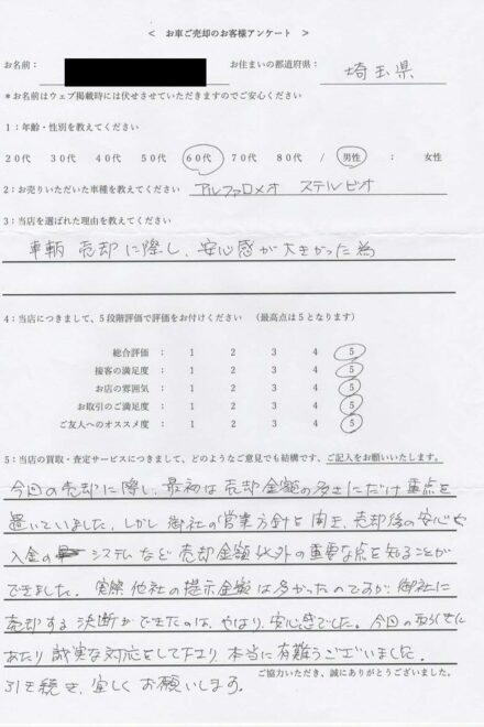 埼玉県 ・60代のお客様からのクチコミ・評判 ＜ 2022年式 アルファロメオ ステルヴィオ ＞ 2026/5/17 お買取