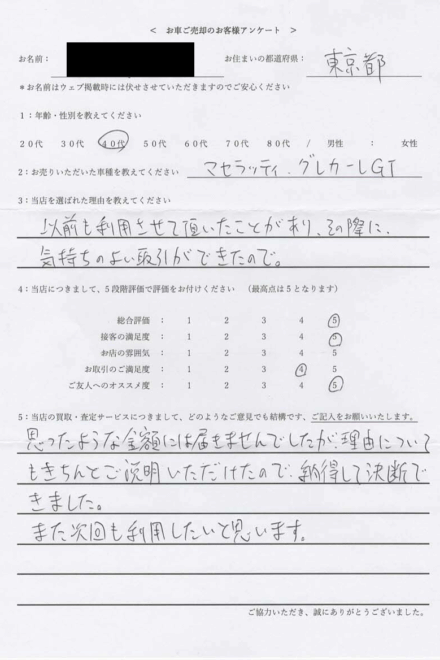 ＜ 2023年式 マセラテイ グレカーレ ＞ 2026/6/15 お買取・東京都・40代のお客様からのクチコミ・評判