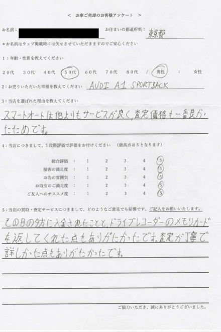 2026/6/8 お買取< 2019年式 アウディ A1 SB > 東京都・50代のお客様からのクチコミ・ご感想