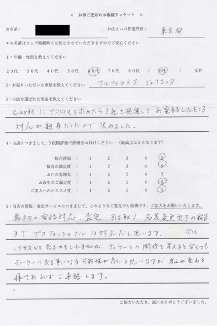 2026/7/11 お買取＜ 2013年式 アルファロメオ ジュリエッタ ＞ 東京都・60代のお客様からのクチコミ・ご感想