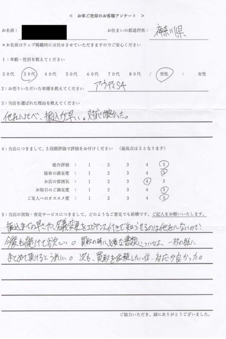 ＜ 2017年式 アウディ S4 セダン ＞ 2026/9/25 お買取・神奈川県・30代のお客様からのクチコミ・評判