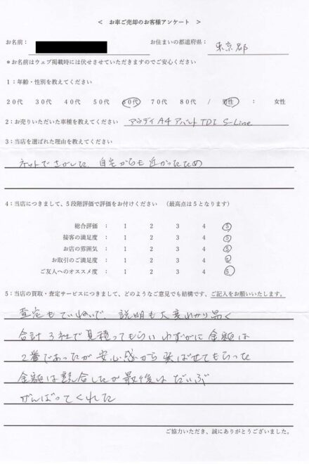 ＜ 2024年式 アウディ A4 Avant ＞ 2026/10/3 お買取・東京都・50代のお客様からのクチコミ・評判